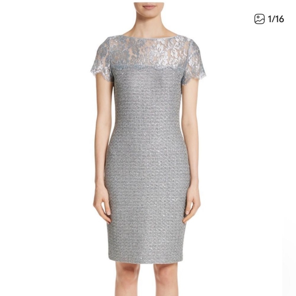 St John Metallic Sequined Knit Cocktail Sheath Midi Dress In Gunmetal Size 8